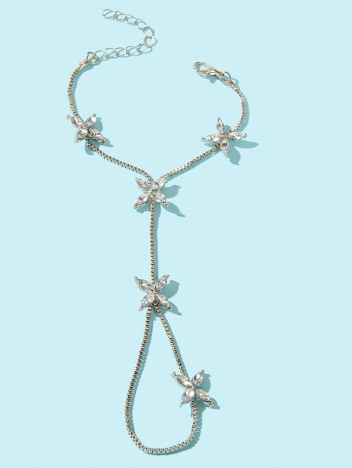 Diamond-Encrusted Chain Ring Connected Hand  Wrist Bracelet